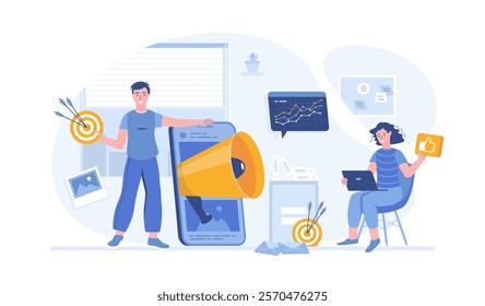 Mobile marketing. Promotion, advertising, social media campaign, digital marketing for attraction clients. Vector illustration with characters in flat design for web banner.