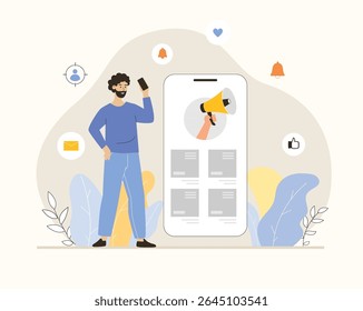 Mobile marketing. Promotion, advertising, social media campaign, digital marketing for attraction clients. Flat vector illustration.	

