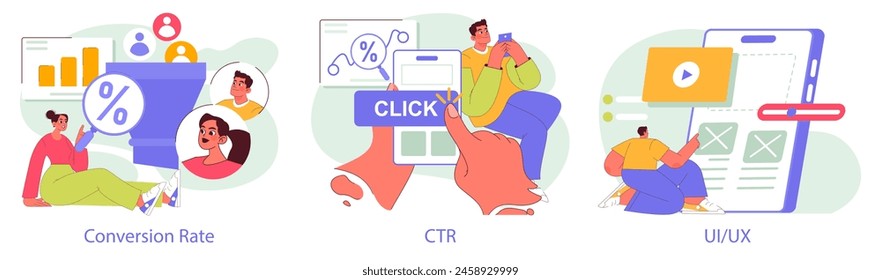 Mobile Marketing set. Different aspects of digital advertising and user engagement. Conversion Rate, CTR, UI UX design strategies. Vector illustration.