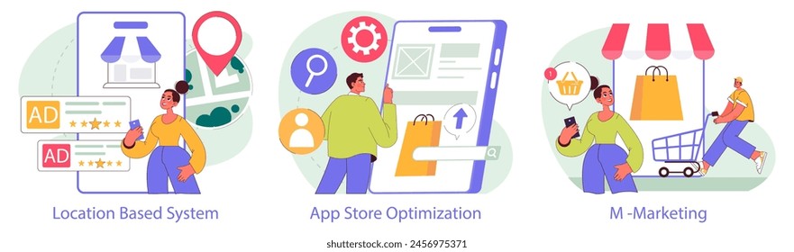 Mobile Marketing set. Engaging consumers through location-based ads, optimizing app stores, and promoting mobile shopping experiences. Vector illustration.