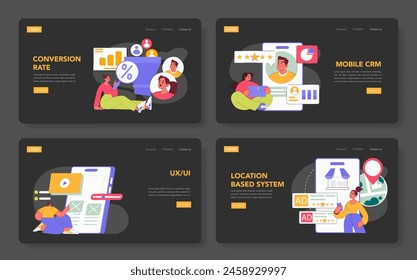 Mobile marketing set. Strategies for conversion rate, CRM, UX UI, and location-based advertising. Engaged users interacting with technology. Vector illustration.