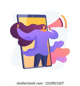 Mobile marketing, SMM. Social media network advertisement. Smartphone, app, notification. Female marketer holding megaphone flat character. Vector isolated concept metaphor illustration