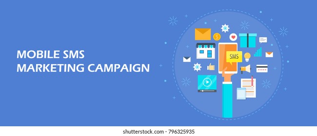 Mobile marketing, SMS marketing, Mobile content flat vector illustration with icons isolated on bluebackground
