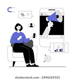 Mobile marketing, social media or network promotion. Influencer with megaphone on phone screen. Vector illustration with line people for web design.	
