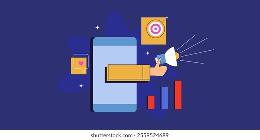 Mobile marketing strategy, Digital advertising campaign for mobile devices, Mobile based ads, Digital ad campaign - vector illustration with icons