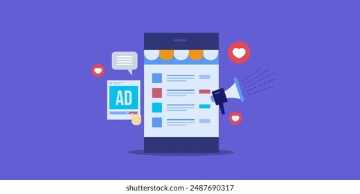 Mobile Marketing strategy, Running social media ad campaign for eCommerce store, Customer browsing ads on social media, Mobile ads - vector illustration background with icons