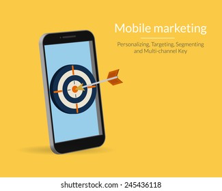 Mobile Marketing And Targeting. Smartphone With Dartboard In The Screen. Text Outlined, Free Font Lato