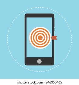 Mobile marketing and targeting. Smartphone with dartboard in the screen.