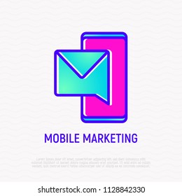 Mobile marketing thin line icon: envelope on smartphone screen. Modern vector illustration.