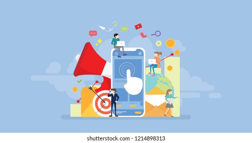 Mobile Marketing Tiny People Character Concept Vector Illustration, Suitable For Wallpaper, Banner, Background, Card, Book Illustration, And Web Landing Page