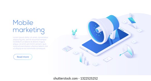 Mobile Marketing, Vektorgrafik in isometrischem Design. Online-Werbekonzept mit Smartphone. Layout-Vorlage für Website oder Webseite.