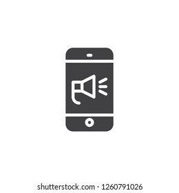Mobile marketing vector icon. filled flat sign for mobile concept and web design. Phone with megaphone simple solid icon. Symbol, logo illustration. Pixel perfect vector graphics