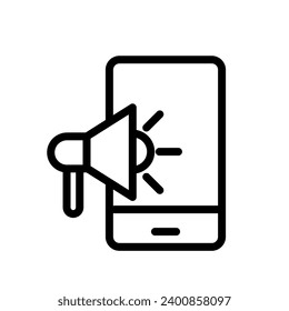 Icono de línea vectorial de marketing móvil. Un icono de esquema delgado representa el concepto de marketing global en el mundo de los negocios. El icono del marketing global es un símbolo de la publicidad estratégica y los servicios bancarios.