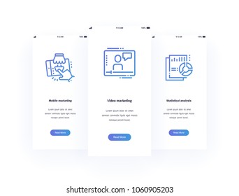 Mobile marketing, Video marketing, Statistical analysis Vertical Cards with strong metaphors. Template for website design.