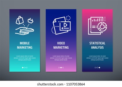 Mobile marketing, Video marketing, Statistical analysis Vertical Cards with strong metaphors. Template for website design.