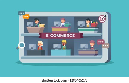 Mobile marketplace with retailers or seller, e-commerce, online shopping, vector illustration

