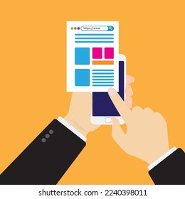 Mobile mass media online - conceptual illustration with smart phone in hands and newspaper - paper and digital variations - vector icon. Vector illustration.
