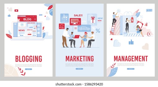 Mobile Media Blogging, Marketing and Management Flat Page for Online Service Freelance and Internet Business Support. People Working on Creating and Choosing Strategy. Vector Cartoon Illustration