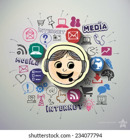 Collage de medios móviles con iconos de fondo. Ilustración vectorial