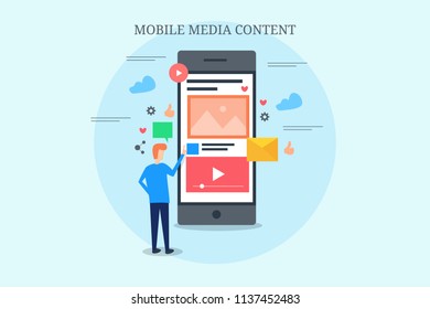 Mobile Media Content, Man Browsing Mobile Content, Mobile Content Marketing, Flat Design Vector Illustration With Icons