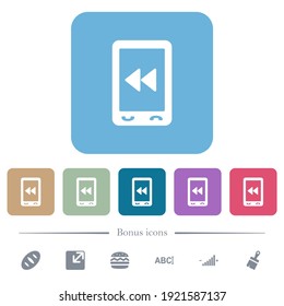 Mobile media fast backward white flat icons on color rounded square backgrounds. 6 bonus icons included