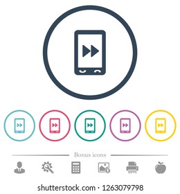 Mobile media fast forward flat color icons in round outlines. 6 bonus icons included.