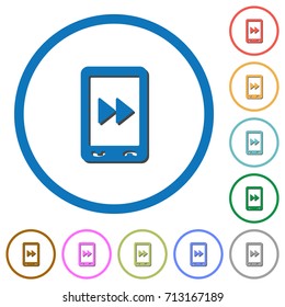 Mobile media fast forward flat color vector icons with shadows in round outlines on white background