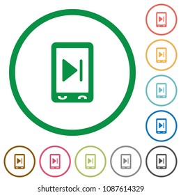 Mobile media next flat color icons in round outlines on white background