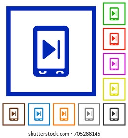 Mobile media next flat color icons in square frames on white background