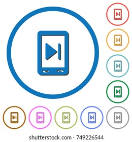 Mobile media next flat color vector icons with shadows in round outlines on white background