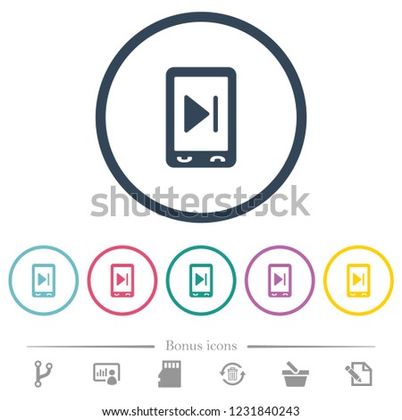 Mobile media next flat color icons in round outlines. 6 bonus icons included.