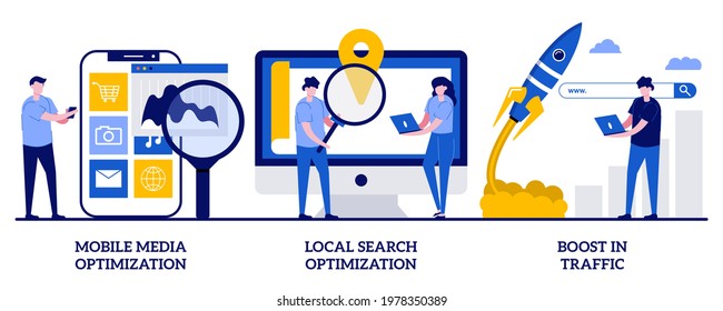 Mobile Media Optimization, Local Search, Boost In Traffic Concept With Tiny People. SEO Strategy Vector Illustration Set. Search Engine Targeting, Business Digital Promotion, Visitor Growth Metaphor.