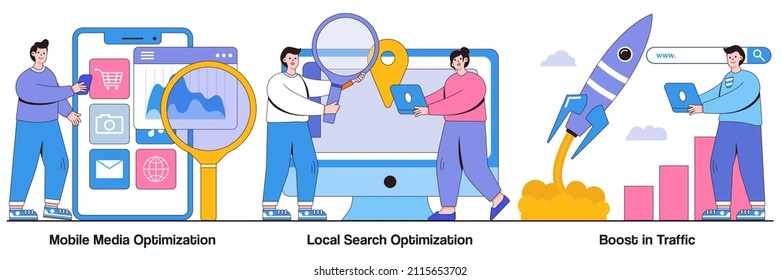 Mobile Media Optimization, Local Search, Boost In Traffic Concept With Tiny People. SEO Strategy Vector Illustration Set. Search Engine Targeting, Business Digital Promotion, Visitor Growth Metaphor.