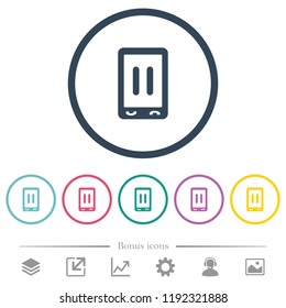 Mobile media pause flat color icons in round outlines. 6 bonus icons included.