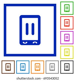 Mobile media pause flat color icons in square frames on white background