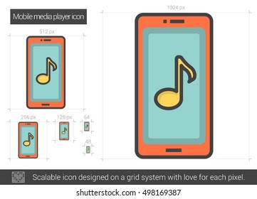 Mobile Media Player, Vektorsymbol einzeln auf weißem Hintergrund. Mobile Media Player Linie Symbol für Infografik, Website oder App. Skalierbares Symbol, das auf einem Gittersystem entworfen wurde.