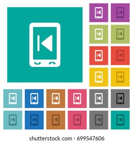 Mobile media previous multi colored flat icons on plain square backgrounds. Included white and darker icon variations for hover or active effects.