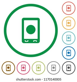 Mobile media record flat color icons in round outlines on white background