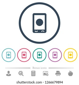 Mobile media record flat color icons in round outlines. 6 bonus icons included.