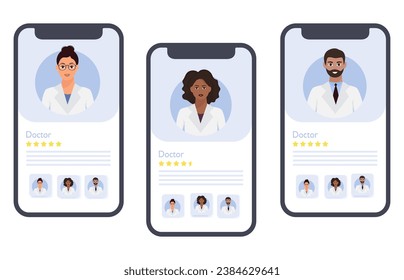 Aplicación médica móvil con diferentes médicos en la pantalla del smartphone. Consulta en línea con el concepto de banner para personal médico	