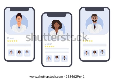 Mobile medical app with different doctors on the smartphone screen. Online consultation with a medical personnel banner concept	