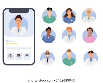 Mobile medical app with  doctors on the smartphone screen. Different medical personnel avatar	