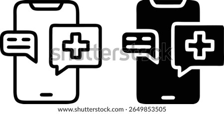Mobile Medical Chat App Icon with Plus Symbol Black and White Vector Illustration