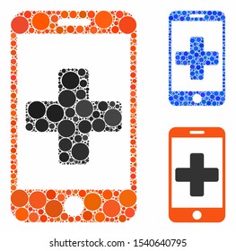 Mobile medical help composition of round dots in different sizes and shades, based on mobile medical help icon. Vector circle elements are combined into blue composition.