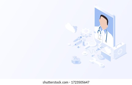 Mobile es una herramienta médica y puede ayudar y el tratamiento básico Concepto de vigilancia de medios sociales en contexto isométrico y Concepto de atención de salud. diseño vectorial.