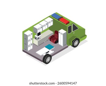 Mobile Medical Unit with Interior Equipment 3d flat vector illustrations
