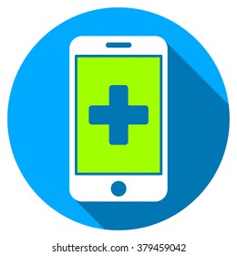 Mobile Medicine long shadow icon. Style is a light flat symbol with rounded angles on a blue round button.