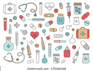 Mobile Medicine, Medical Research. Hand Drawn Icons. Vector Illustration