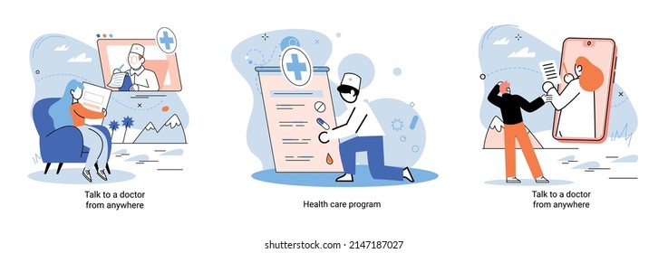 Mobile medicine mhealth online doctor, online medical services, health care program, talk to doctor from anywhere. Smartphone with medical application. Digital health and medical consultation metaphor