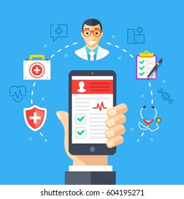 Mobile medicine, mhealth, online doctor. Hand holding smartphone with medical app. Modern flat design graphic concept, thin line icons set for web banners, websites, infographics. Vector illustration